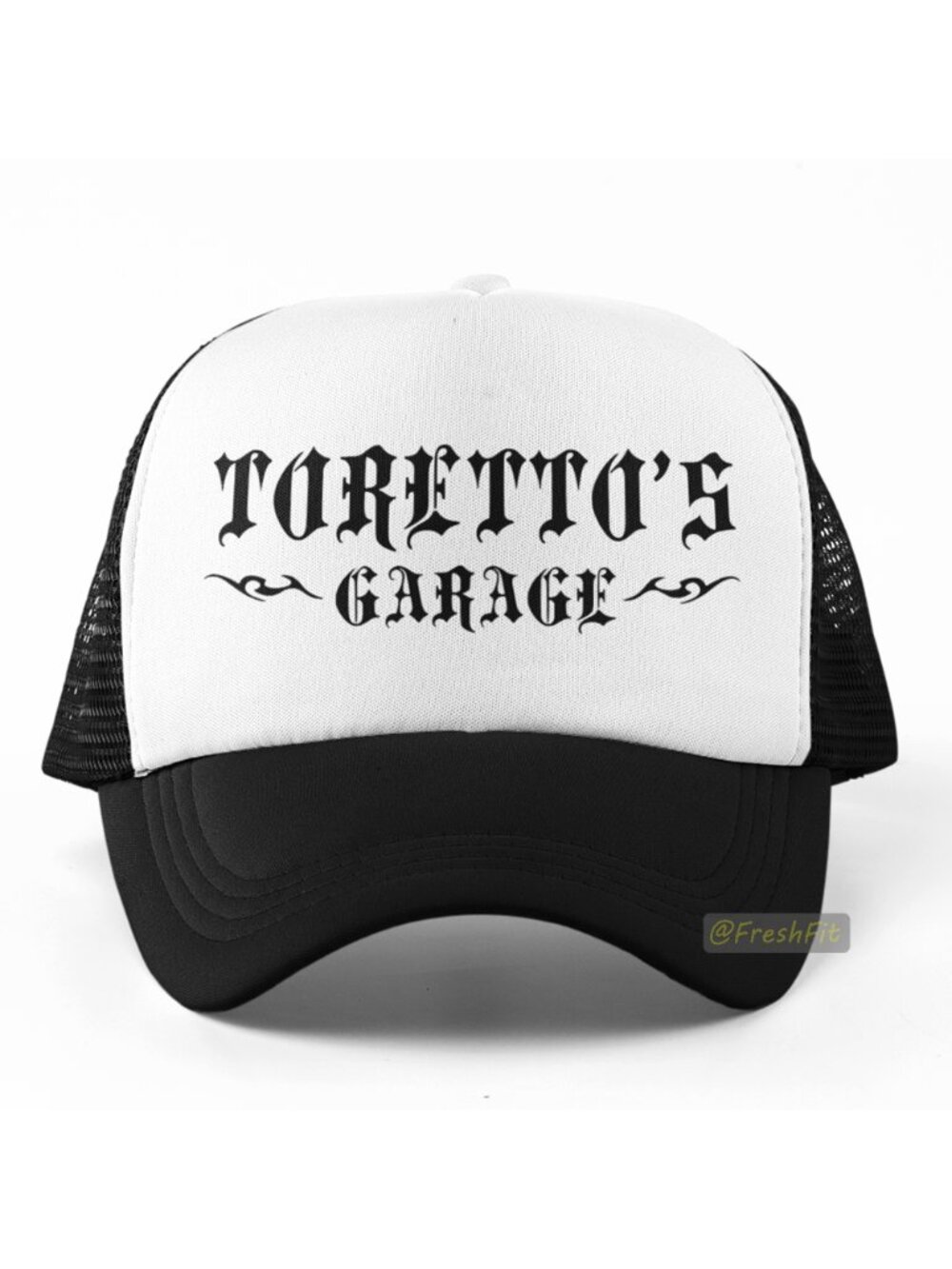 🆕Toretto's Garage Foam Trucker Hat Mesh Snapback Cap Black/White